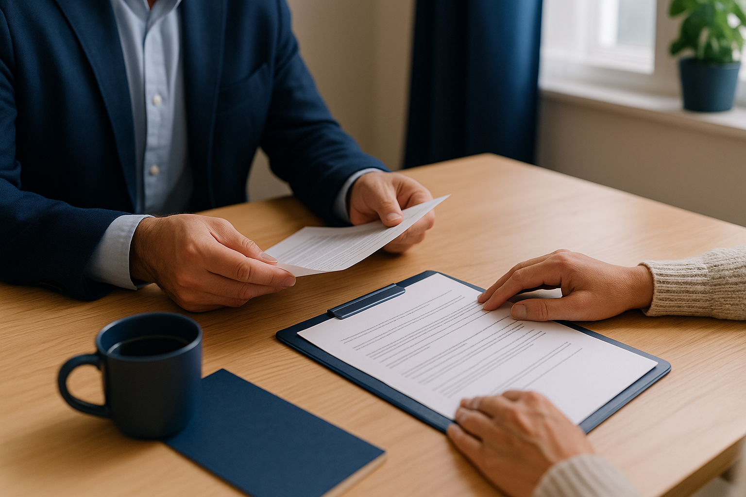 Close-up of attorney and client reviewing estate documents together at a wooden table in a bright home office, symbolizing probate guidance and trust.